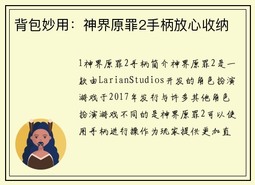 背包妙用：神界原罪2手柄放心收纳
